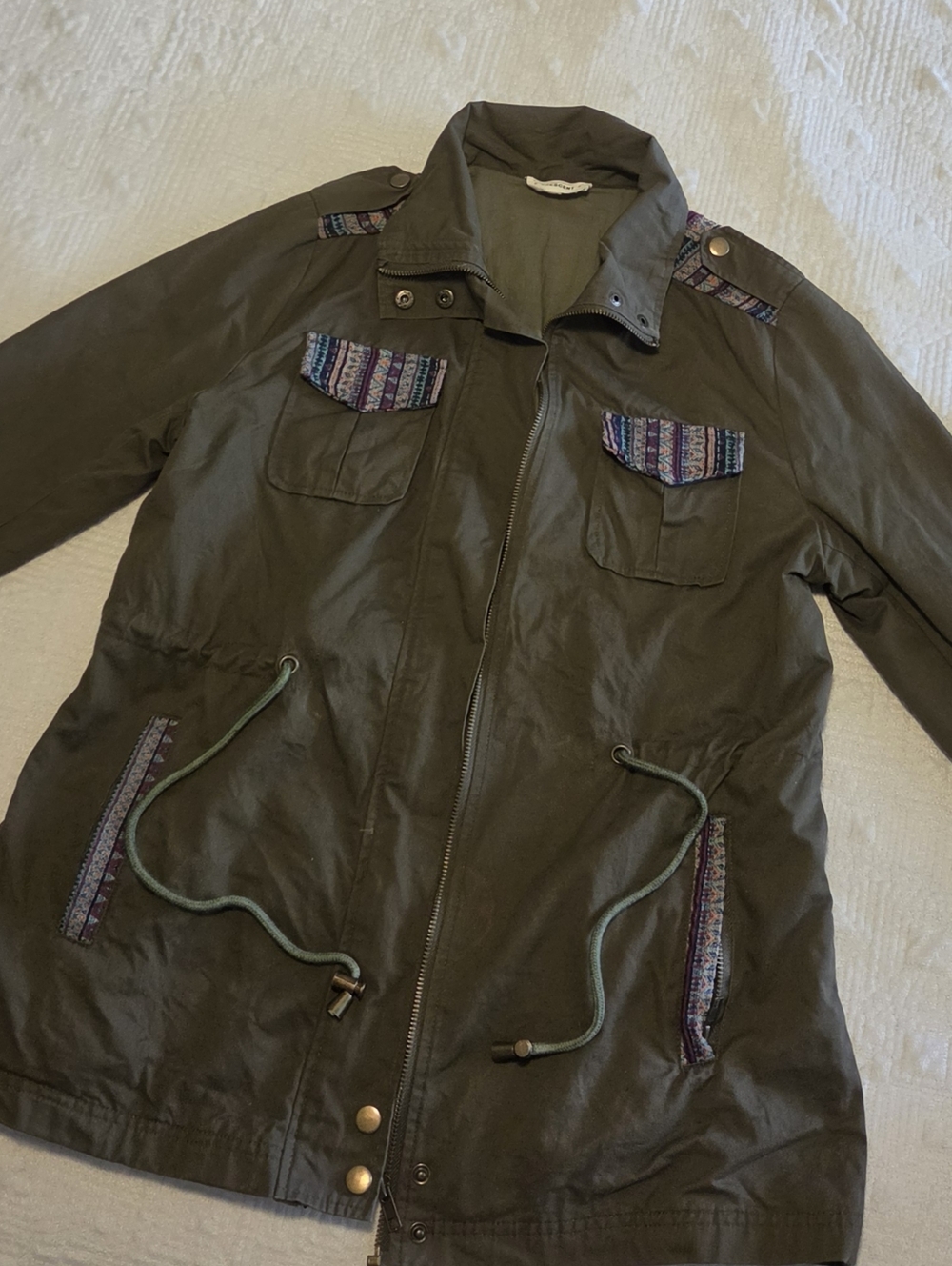 Crescent Olive Green Utility Jacket with Patterned Trim, Size Medium